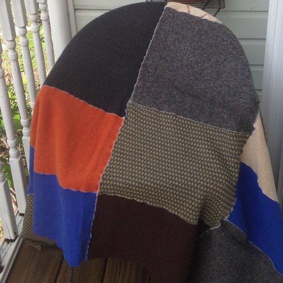 Wool Throw Patch Patchwork Blanket Felted Handmade Blue Brown Orange Gray Cream